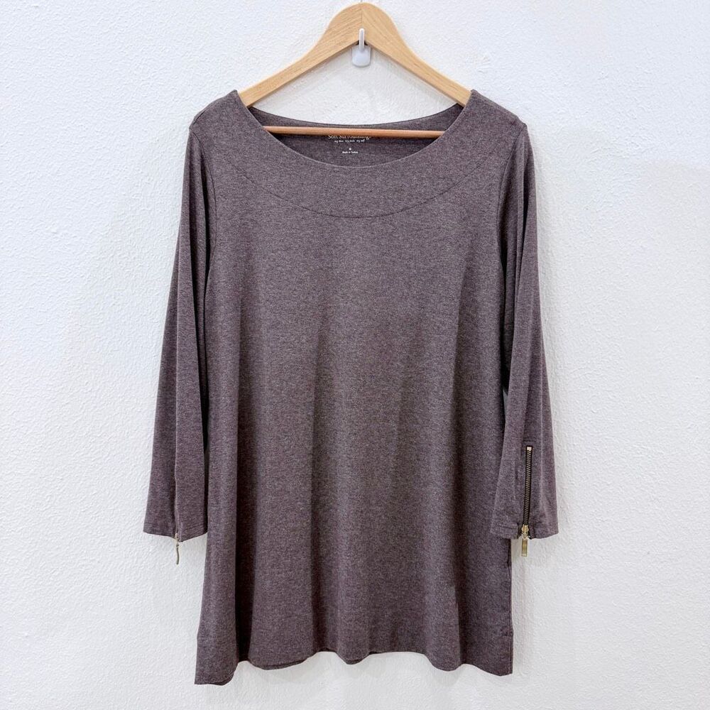 Soft Surroundings Women’s Size Medium Taupe Grey Popover Top Zip Sleeves